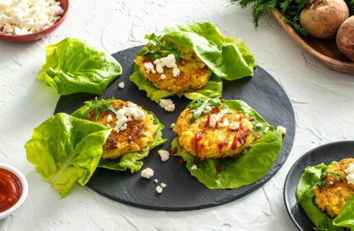 golden-beets-and-jasmine-rice-burger-sliders-served-over-lettuce-leaves