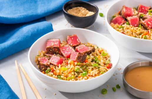 rice-bowl-topped-with-peppered-seared-tuna-and-poke-sauce-with-success-garden-and-grains