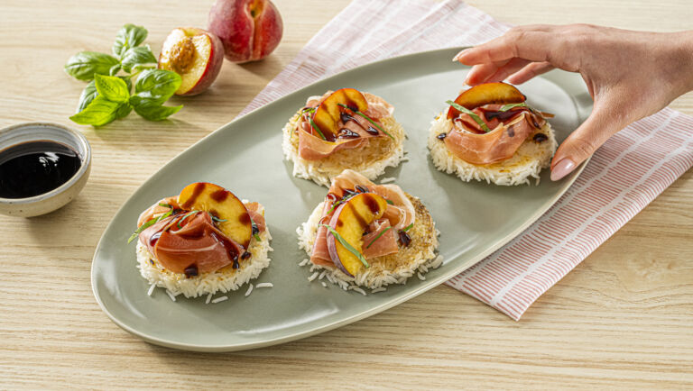 Crispy Rice Cakes with Peach and Prosciutto