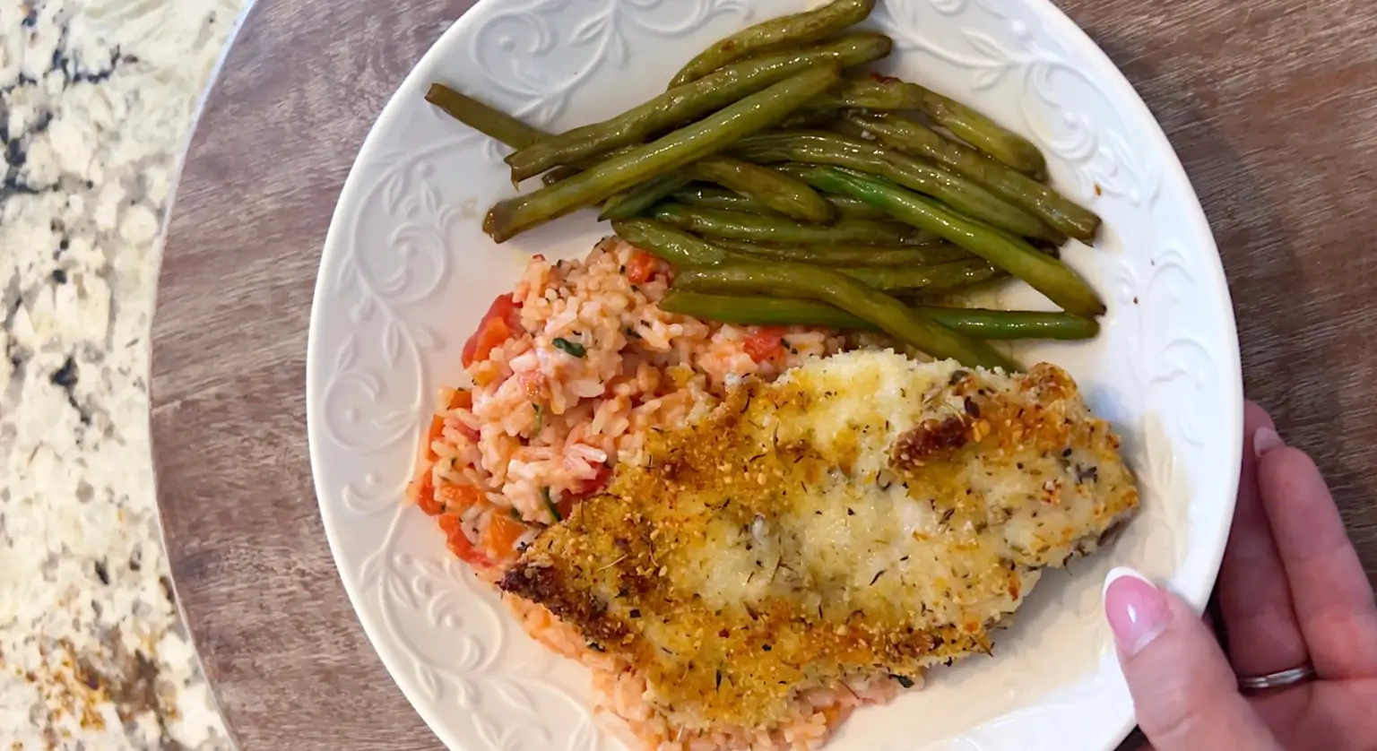 “No-egg” Parm crusted chicken + creamy tomato basil jasmine rice + greens